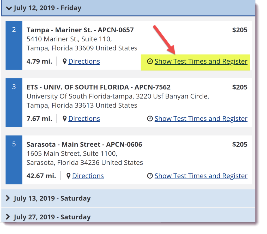 TOEFL Test Date Search Screen 3